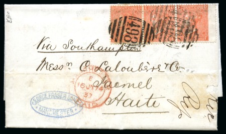 Stamp of Great Britain » 1854-1900 Postal History of the Perforated Line Engraved and Surface Printed Issues 1874 (Jul 16) Entire to HAITI with 1873-80 4d vermilion strip of three