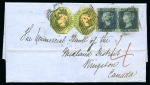 Stamp of Great Britain » 1847-54 Embossed 1852 (Oct 15) Entire from Edinburgh to Canada with two 1s green embossed cut-to-shape and 1841 2d blue pair