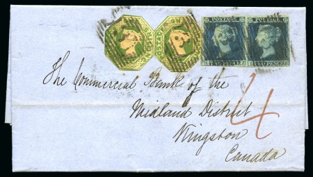 Stamp of Great Britain » 1847-54 Embossed 1852 (Oct 15) Entire from Edinburgh to Canada with two 1s green embossed cut-to-shape and 1841 2d blue pair