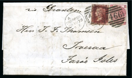 Stamp of Great Britain » 1854-1900 Postal History of the Perforated Line Engraved and Surface Printed Issues 1873 (Aug 18) Entire to the FAROE ISLANDS