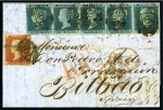 Stamp of Great Britain » 1841 2d Blue 1853 (Mar 23) Lettershet from London to Spain with 1841 2d strip of five