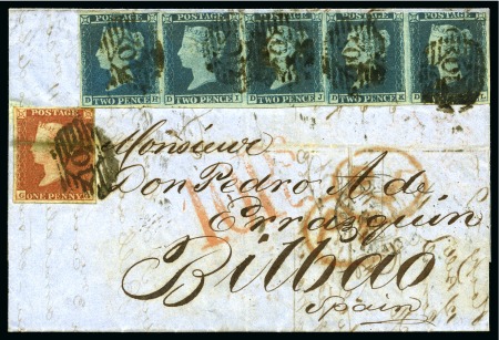 Stamp of Great Britain » 1841 2d Blue 1853 (Mar 23) Lettershet from London to Spain with 1841 2d strip of five