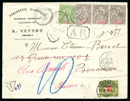 Stamp of Colonies françaises » Nouvelle-Calédonie 1900 Enveloppe avec 1892-1904 15c(3) et 5c en recommandé