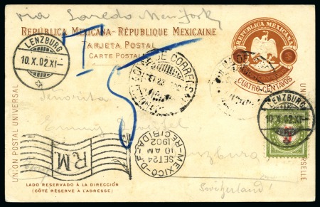 Stamp of Mexico 1902 4 on 3c brown postal stationery card to Lenzburg/Switzerland,