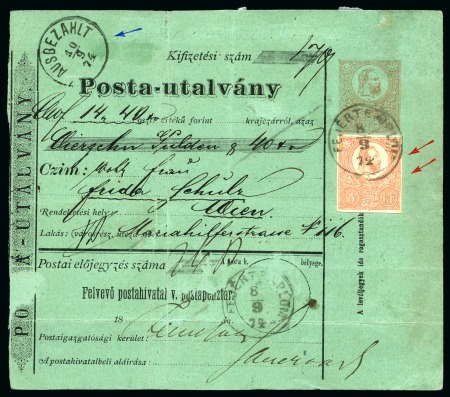 Stamp of Hungary 1874 5Kr Red money-order card with extra franking being