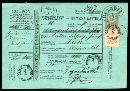 Stamp of Hungary 1874 5Kr Red money-order card with extra franking being