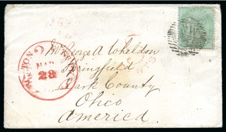 Stamp of Great Britain » 1854-1900 Postal History of the Perforated Line Engraved and Surface Printed Issues 1858 (Mar 12) Envelope from London to the USA with 1855-57 1s green on AZURE paper