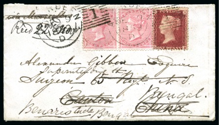 Stamp of Great Britain » 1854-1900 Postal History of the Perforated Line Engraved and Surface Printed Issues 1859 (Sep 9) Envelope from Scotland to a surgeon in Canton, China, then redirected to Bengal, India