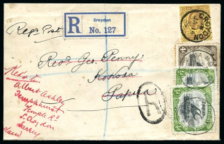 Stamp of Papua 1909 (Jan 14) Incoming envelope sent registered to Kokoda, Papua, redirected back to England