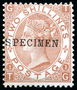 Stamp of Great Britain » 1855-1900 Surface Printed » 1867-80 Large Uncoloured Corner Letters, Wmk Spray of Rose 1880 2s Brown pl.1 with SPECIMEN type 9 overprint