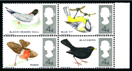 Stamp of Great Britain » Queen Elizabeth II 1966 British Birds (ordinary paper) 4d se-tenant block of four with BRIGHT BLUE OMITTED