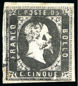 Stamp of Italian States » Sardinia 1851 5c black used with wide margins, light crease