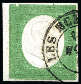 Stamp of Italian States » Sardinia 1854, 5 c. verde giallo, margini regolari, usato con annullo a d.c. di Les Echelles 