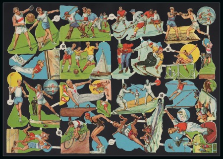 Stamp of Olympics » 1936 Berlin » Other Memorabilia 1936ca. Die-cut illustrated sporting Olympic scenes by FAS, two complete and two in two halves, images incl. torch runner holding the Berlin Olympic torch