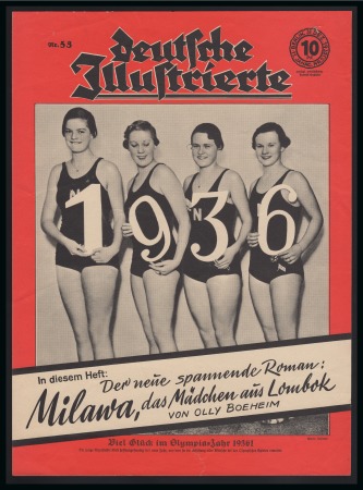 Stamp of Olympics » 1936 Berlin » Documents, Programmes, Tickets, etc. Group of three items: "Berliner Illustrirte Zeitung" poster with Riefesntashl,  "Deutsche Illustriert" Dec 1935 front cover with Swimmers, etc.