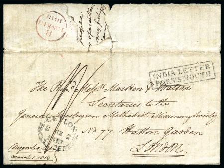 Stamp of Ceylon » Early Letters and Handstamps 1819 (Mar 1) Wrapper from Ngembo (datelined at lower left) to the Wesleyan Methodist Missionary Society in London