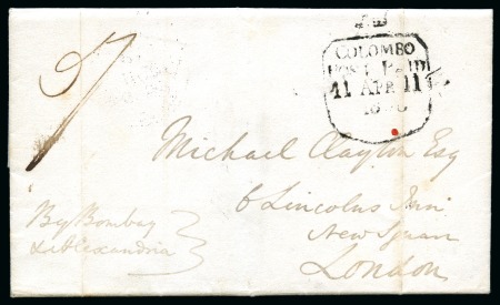Stamp of Ceylon » Early Letters and Handstamps 1838 (Apr 11) Entire from Colombo to London with Colombo crowned framed Post Paid ds