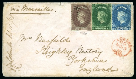 Stamp of Ceylon » 1857 Blued Paper 1858 (Oct 15) Envelope from Colombo to England with 1857 6d purple-brown on blued paper, 1857-59 1d blue and 2d green 