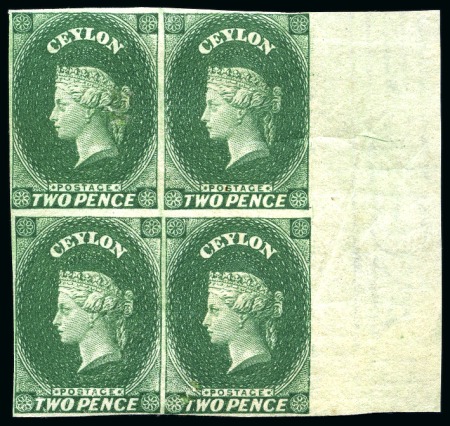 Stamp of Ceylon » 1857-59 White Paper 1857-59 2d Green mint og right marginal block of four, ex Burrus