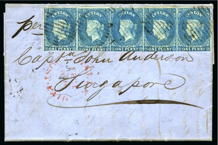 Stamp of Ceylon » 1857-59 White Paper » Postal History 1862 (Feb 21) Entire from Galle to Singapore with 1857-59 1d blue strip of five (first stamp showing re-entry 5)