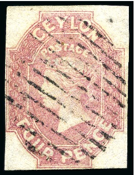 Stamp of Ceylon 1857-59 4d Dull Rose used with fine to large margins, neat cancel