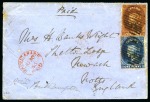 Stamp of Ceylon » 1861-72 Postal History 1865 (Jun 30) Envelope from KADUGANAWE to England with De La Rue 1d deep dull blue and 5d red-brown