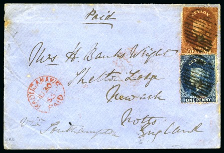 Stamp of Ceylon » 1861-72 Postal History 1865 (Jun 30) Envelope from KADUGANAWE to England with De La Rue 1d deep dull blue and 5d red-brown