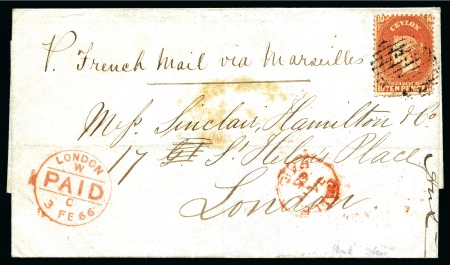 Stamp of Ceylon » 1861-72 Postal History 1866 (Jan 11) Wrapper from Galle to England with 1861-64 Wmk Star 10d  dull vermilion perf.12 1/2