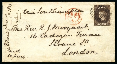 Stamp of Ceylon » 1861-72 Postal History 1863 (Jun 8) Envelope from Galle to England with 1862 No Wmk 6d deep brown perf.13