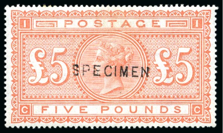 Stamp of Great Britain » 1855-1900 Surface Printed » 1867-83 High Values 1867-83 £5 Orange on white paper with "SPECIMEN" type 11 overprint