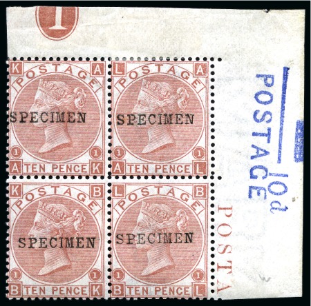 Stamp of Great Britain » 1855-1900 Surface Printed » 1867-80 Large Uncoloured Corner Letters, Wmk Spray of Rose 1867-80 10d Pale red brown top right corner marginal block of four with "SPECIMEN" type 9 overprint