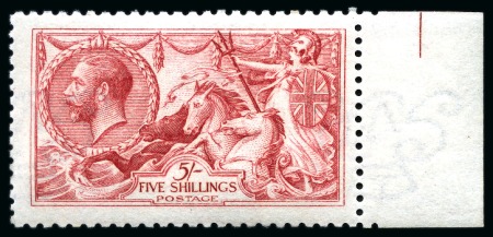 Stamp of Great Britain » King George V » 1913-19 Seahorse Issues 1915 De La Rue 5s carmine Seahorse with inverted watermark, mint nh left marginal