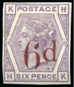 Stamp of Great Britain » 1855-1900 Surface Printed » 1880-83 Large Coloured Corner Letters, Wmk Imperial Crown 1880-83 6d on 6d Lilac pl.18 HK imperforate imprimatur