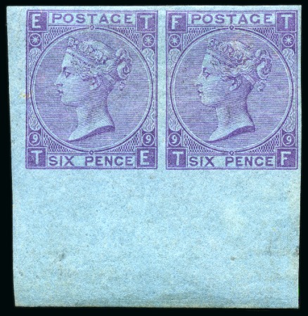 Stamp of Great Britain » 1855-1900 Surface Printed » 1867-80 Large Uncoloured Corner Letters, Wmk Spray of Rose 1867-80 6d Mauve pl.9 TE-TF imperforate horizontal corner pair printed on Dr. Perkins blued safety paper