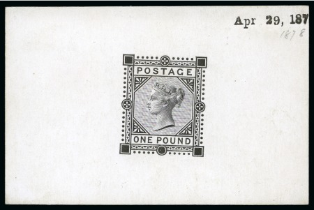 Stamp of Great Britain » 1855-1900 Surface Printed » 1867-83 High Values 1867-83 £1 De La Rue die proof in black on white glazed card