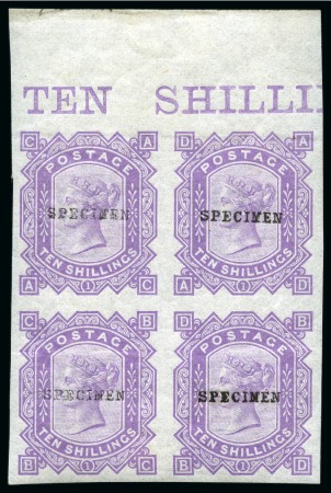 Stamp of Great Britain » 1855-1900 Surface Printed » 1867-83 High Values 1867-83 10s Imperforate colour trial pl.1 in mauve with "SPECIMEN" type 9 overprint in mint og top marginal block of four