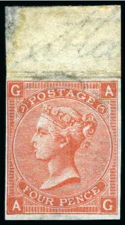 Stamp of Great Britain » 1855-1900 Surface Printed » 1865-67 Large Uncoloured Corner Letters, Wmk Large Garter & Emblems 1865-67 4d Vermilion pl.7 AG top marginal imperforate imprimatur