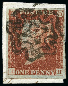 Stamp of Great Britain » 1841 1d Red 1841 1d Red-Brown pl.38 IH, fine to huge margins, beautifully tied to a small piece by Kilmarnock DISTINCTIVE MC