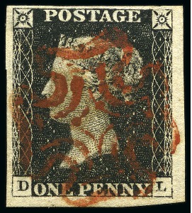Stamp of Great Britain » 1840 1d Black and 1d Red plates 1a to 11 1840 1d Black pl.1b DL with WATERMARK INVERTED, good to huge margins, neatly cancelled by a red MC
