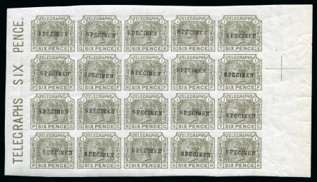Stamp of Great Britain » Telegraphs 1877 6d Grey pl.1 PE-TH Superb mint nh imperforate pane of twenty with "SPECIMEN" type 9 overprint