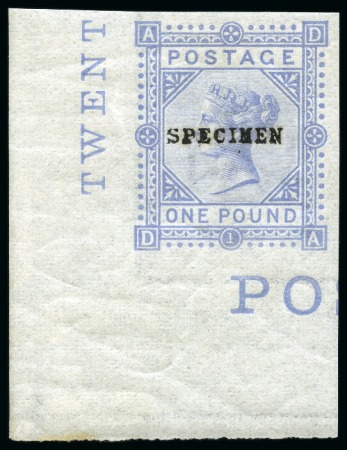 Stamp of Great Britain » 1855-1900 Surface Printed » 1867-83 High Values 1867-83 £1 Imperforate colour trial in grey-blue with "SPECIMEN" type 9 overprint
