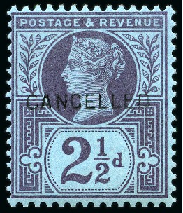 Stamp of Great Britain » 1855-1900 Surface Printed » 1887-1900 Jubilee Issue & 1891 £1 Green 1887 Jubilee 2 1/2d purple on blue with "CANCELLED" type 14 overprint