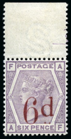 Stamp of Great Britain » 1855-1900 Surface Printed » 1880-83 Large Coloured Corner Letters, Wmk Imperial Crown 1880-83 6d on 6d Lilac pl.18 AF mint nh top marginal showing SLANTING DOTS variety