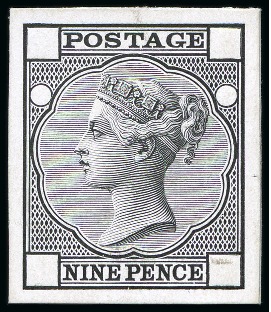 Stamp of Great Britain » 1855-1900 Surface Printed » 1867-80 Large Uncoloured Corner Letters, Wmk Spray of Rose 1867-80 9d De La Rue die proof in black on white glazed card with corner letters and plate numbers void, cut down to stamp size