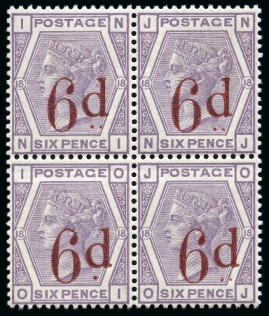 Stamp of Great Britain » 1855-1900 Surface Printed » 1880-83 Large Coloured Corner Letters, Wmk Imperial Crown 1880-83 6d on 6d Lilac NI/OJ mint nh block of four, with OI showing "second state, left dot only" variety
