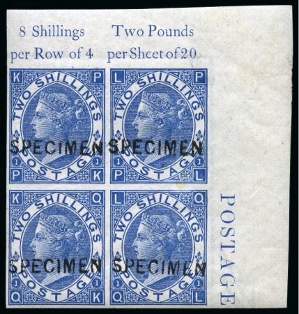 Stamp of Great Britain » 1855-1900 Surface Printed » 1867-80 Large Uncoloured Corner Letters, Wmk Spray of Rose 1867-80 2s Blue pl.1. imperforate with "SPECIMEN" type 6 overprint in mint nh top right corner marginal block of four