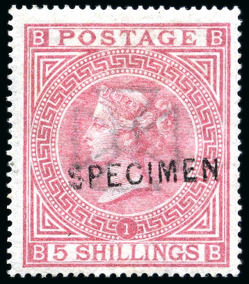 Stamp of Great Britain » 1855-1900 Surface Printed » 1867-83 High Values 1867-83 Wmk MC 5s rose pl.1 with "SPECIMEN" type 6 overprint