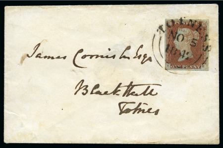Stamp of Great Britain » 1841 1d Red 1842 (Nov 5) Envelope with 1841 1d Red brown pl.25 KE tied by a crisp Totness "Wessex" type cds