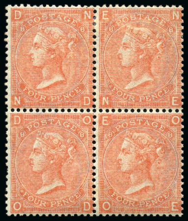 Stamp of Great Britain » 1855-1900 Surface Printed » 1865-67 Large Uncoloured Corner Letters, Wmk Large Garter & Emblems 1865-67 4d Dull Vermilion pl.8 mint og block of four