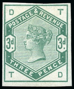 Stamp of Great Britain » 1855-1900 Surface Printed » 1883-84 Lilac & Green Issue 1883-84 Lilac & Green issue 3d imperforate colour trial in green on white gummed Crown watermarked paper
